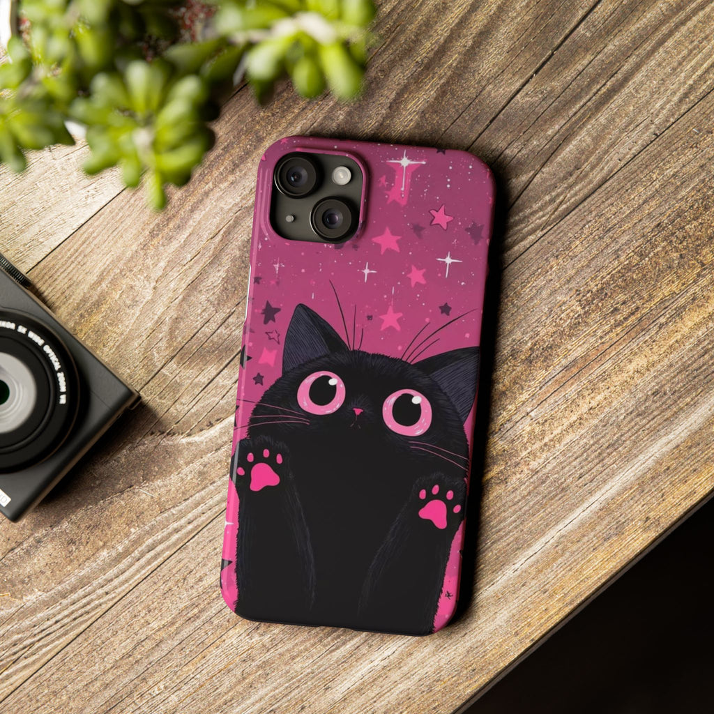 Cute Black Cat with Pink Paws Slim Phone Case | Starry Background