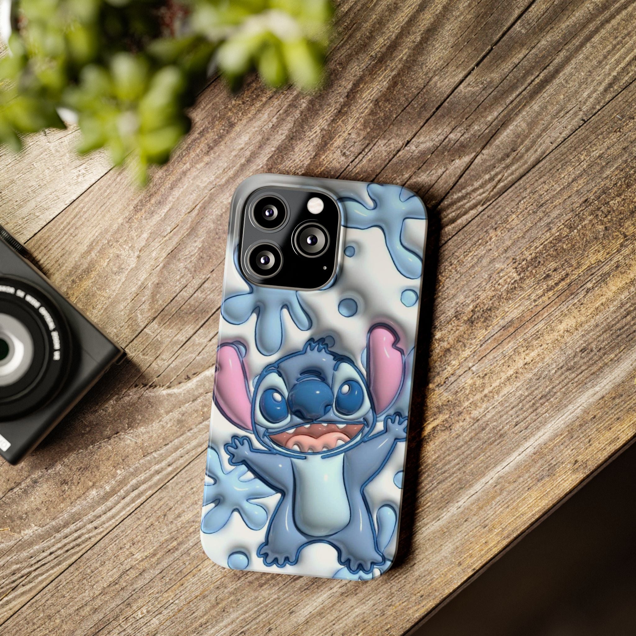 Cute Stitch Slim Phone Case – Blue Splash Cartoon Phone Cover