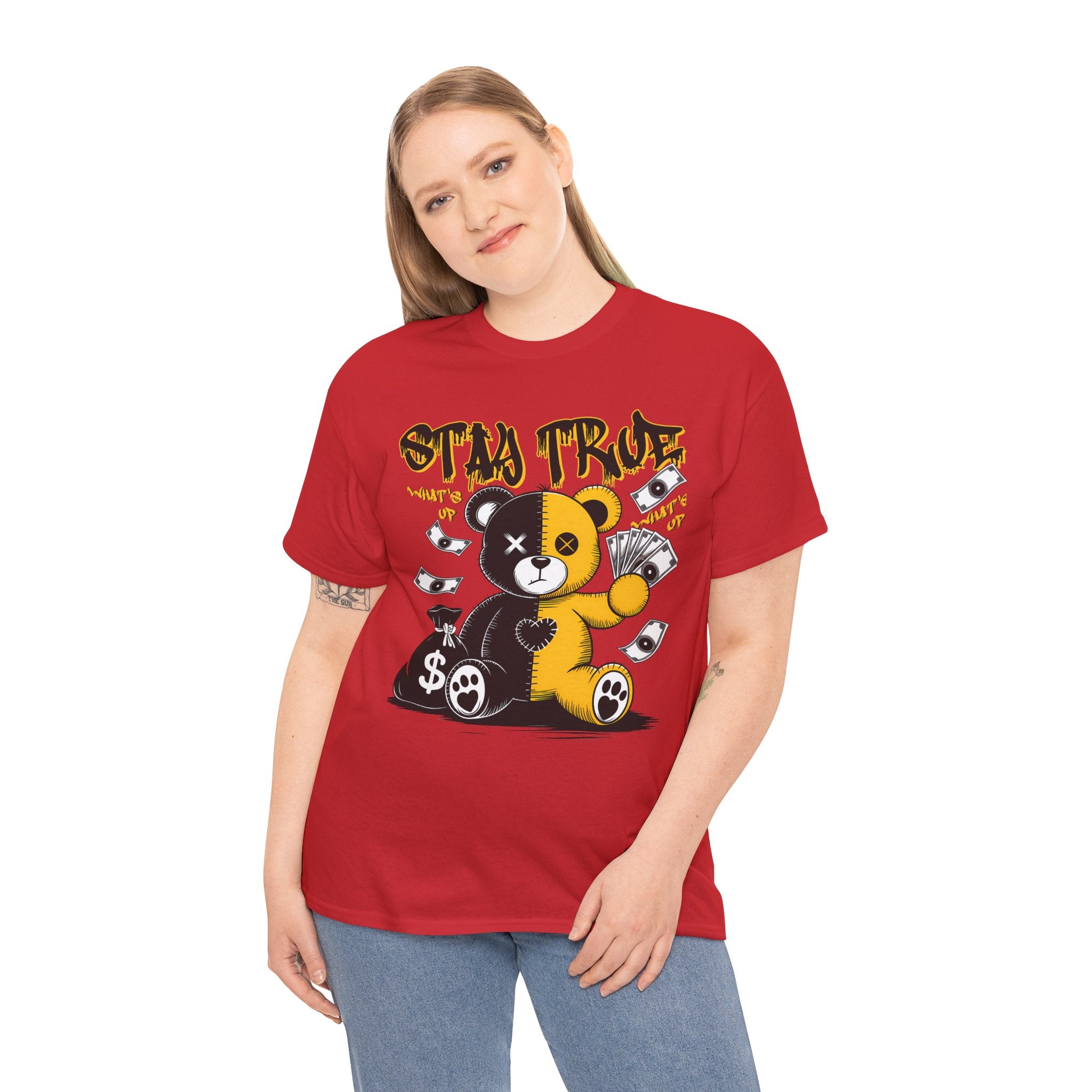 Stay True Bear Graphic Tee — Cute Black & Yellow Money Bear Shirt