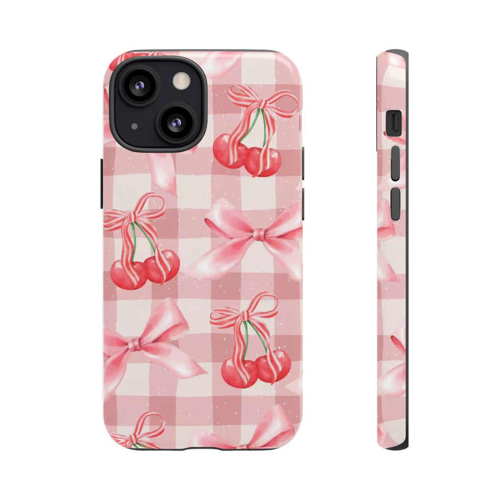 Pink Cherry Bow Phone Case — Cute Gingham Cherry Pattern
