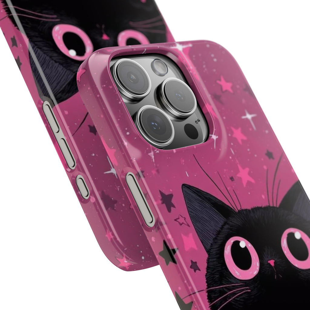 Cute Black Cat with Pink Paws Slim Phone Case | Starry Background