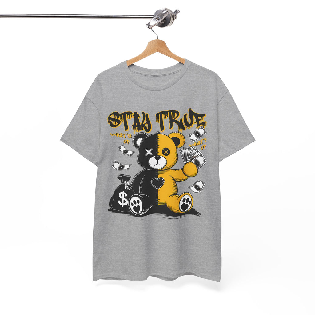 Stay True Bear Graphic Tee — Cute Black & Yellow Money Bear Shirt