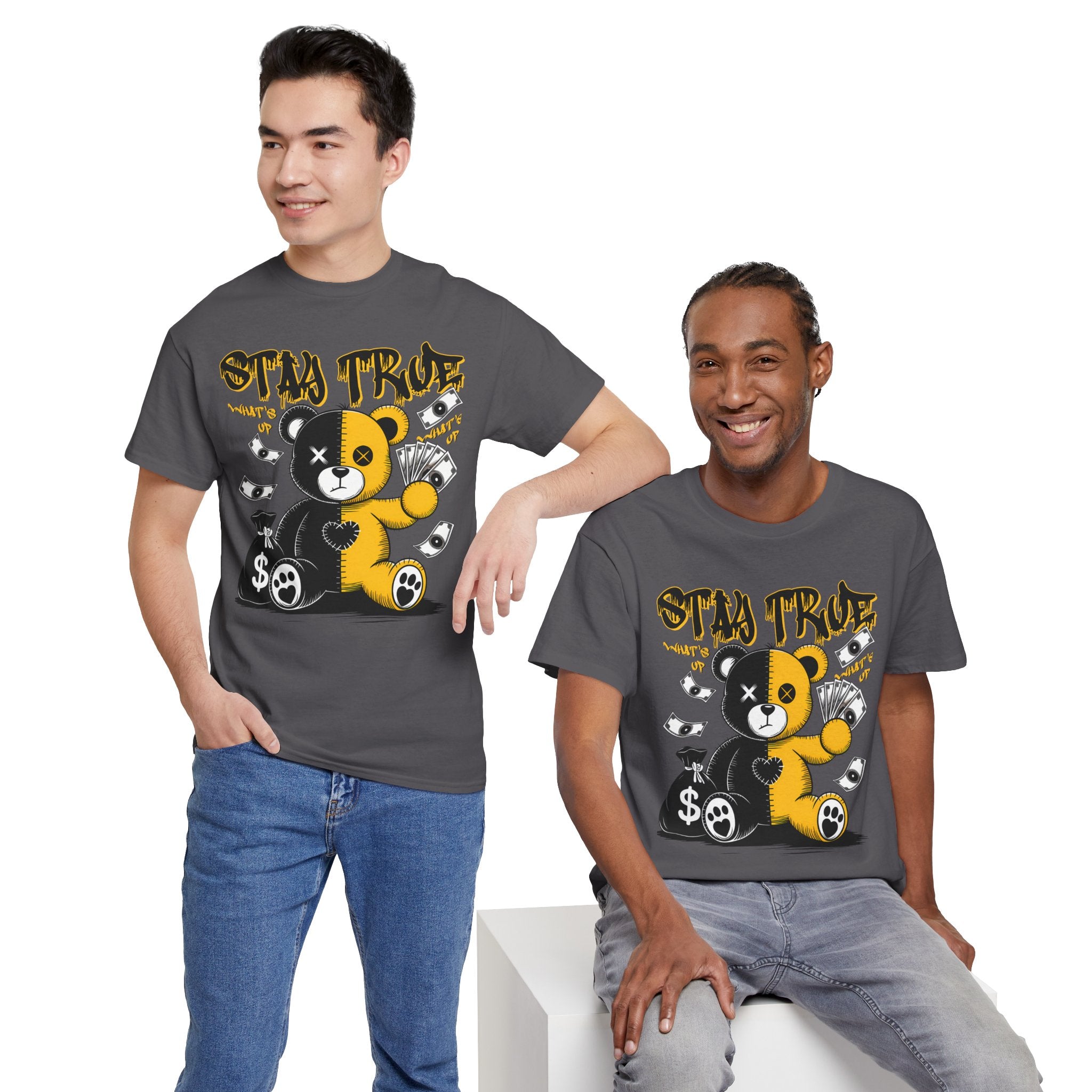 Stay True Bear Graphic Tee — Cute Black & Yellow Money Bear Shirt