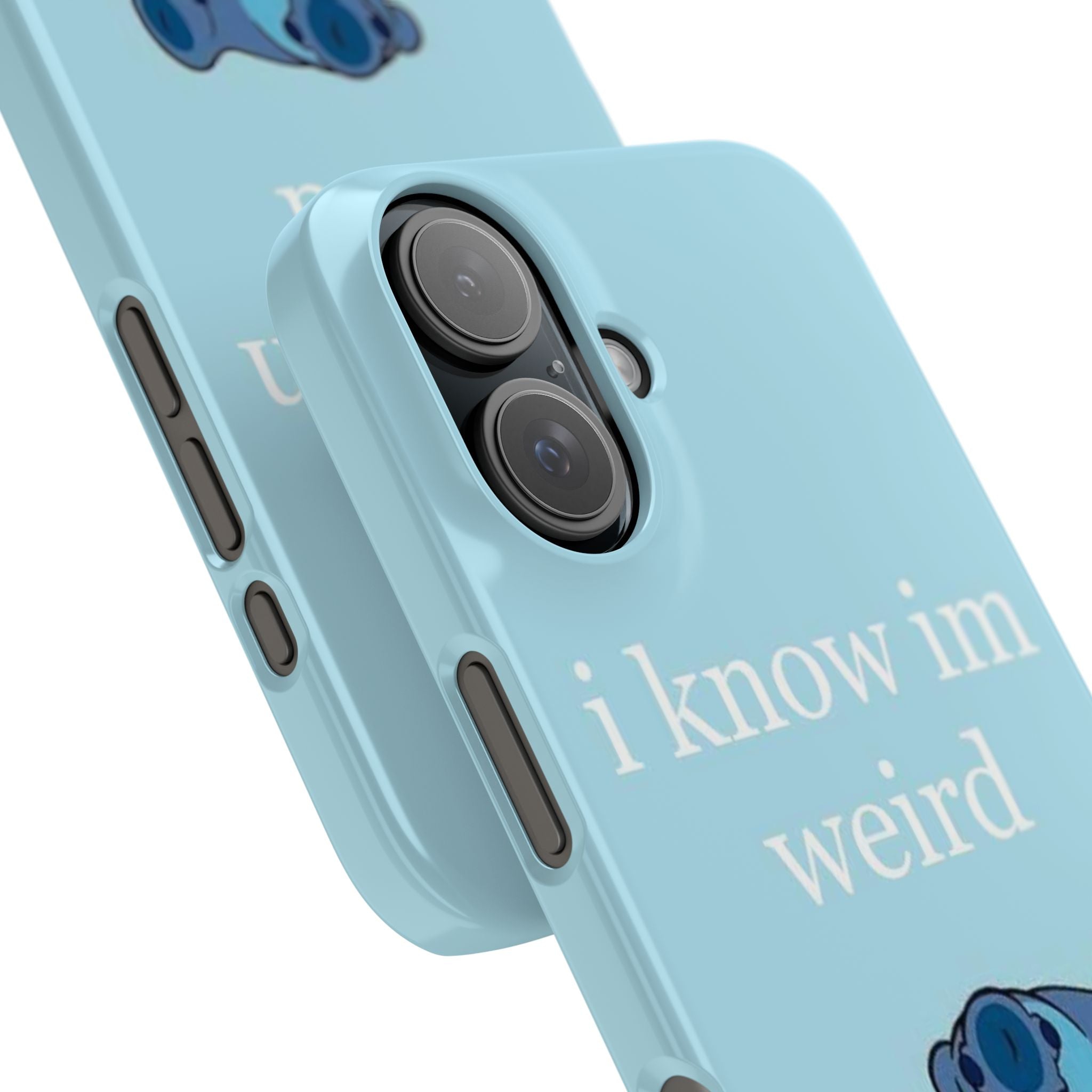 Slim Phone Case — Cute Blue Stitch Illustration with “i know im weird” Text