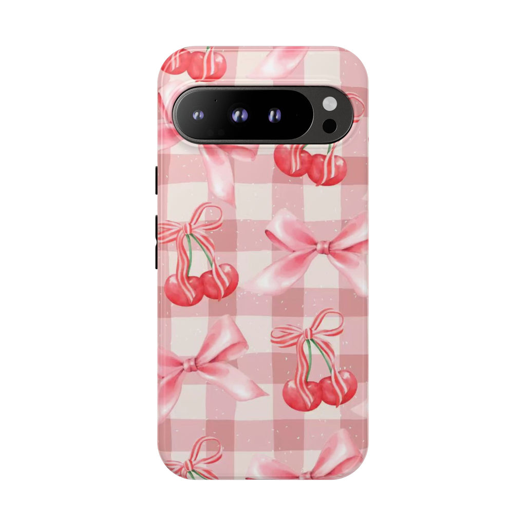 Pink Cherry Bow Phone Case — Cute Gingham Cherry Pattern