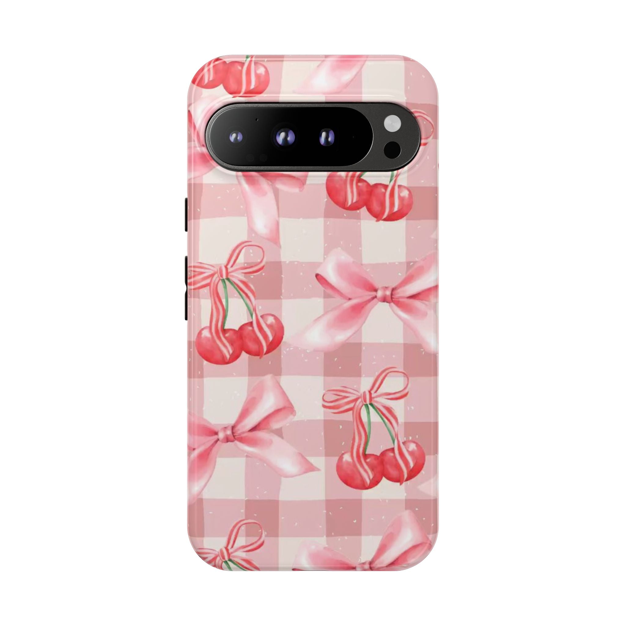 Pink Cherry Bow Phone Case — Cute Gingham Cherry Pattern