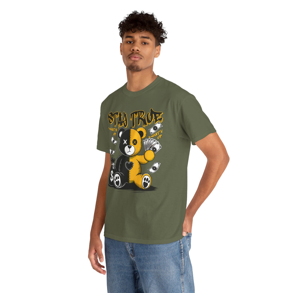 Stay True Bear Graphic Tee — Cute Black & Yellow Money Bear Shirt