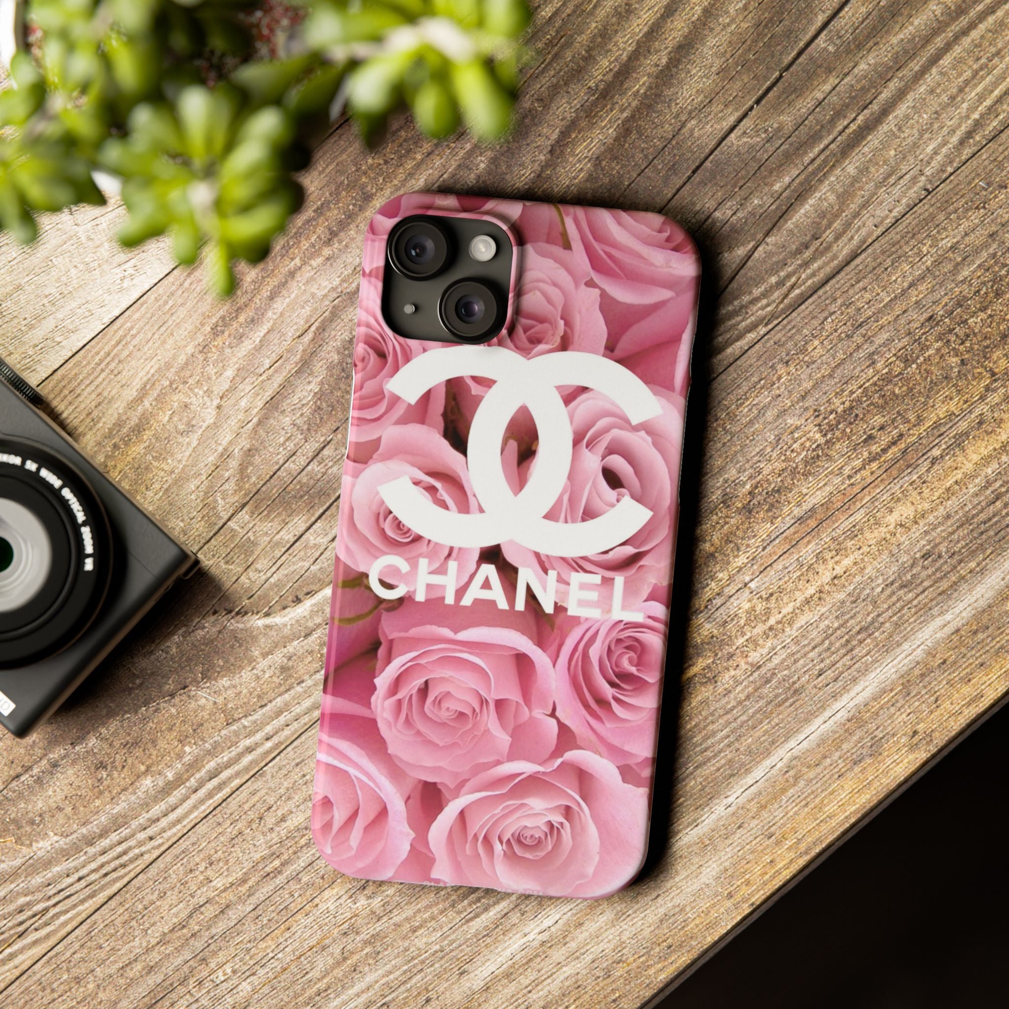 Slim Phone Case — Pink Rose Floral Design with Luxury Logo