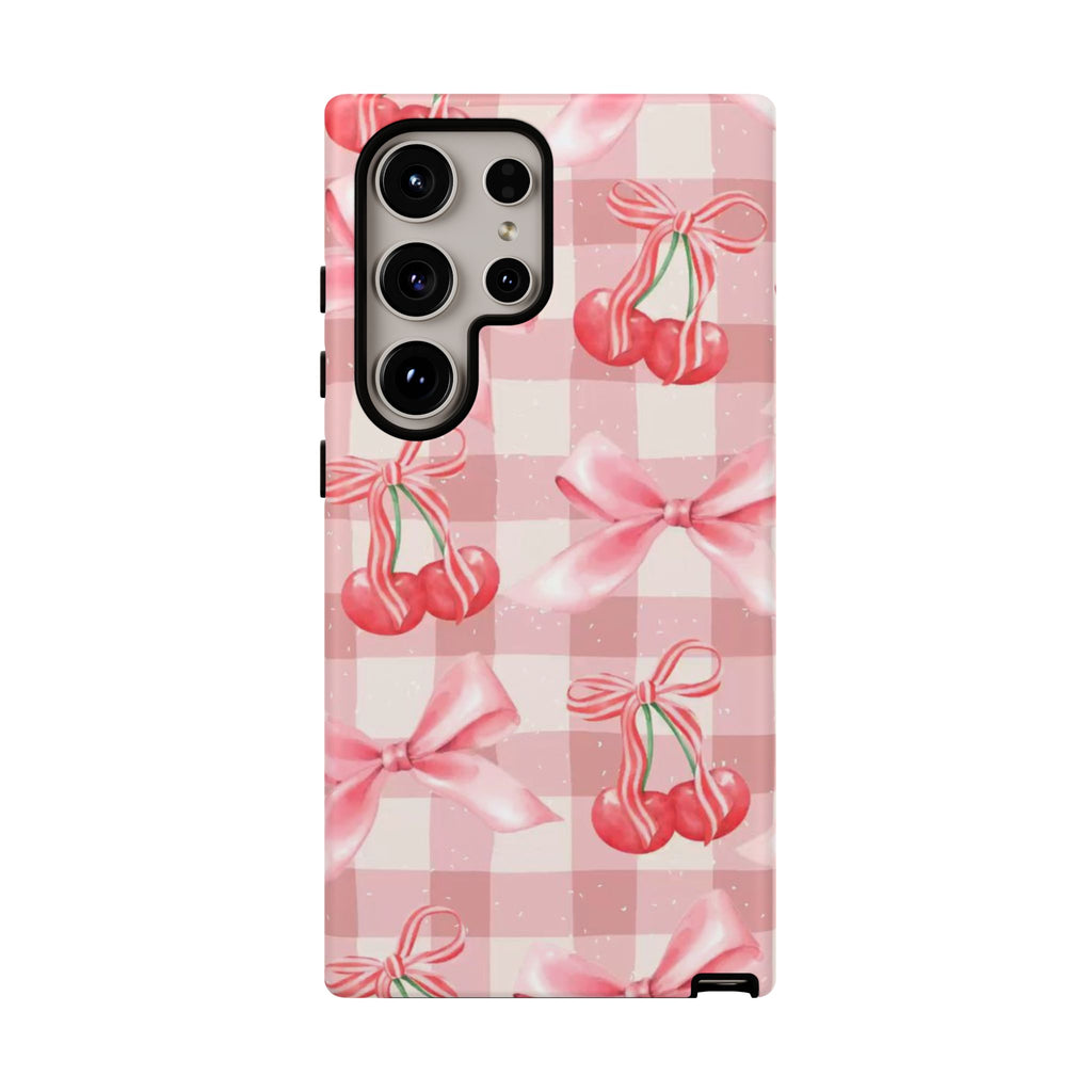 Pink Cherry Bow Phone Case — Cute Gingham Cherry Pattern