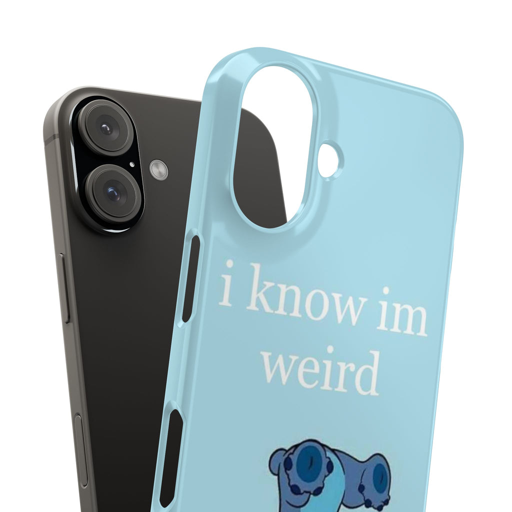 Slim Phone Case — Cute Blue Stitch Illustration with “i know im weird” Text