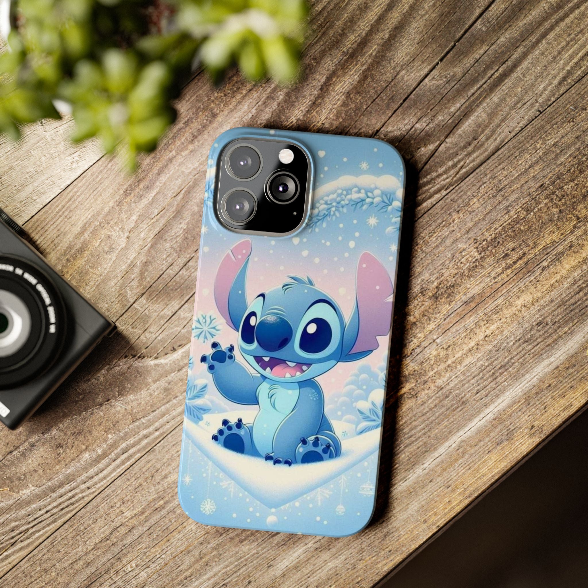 Cute Blue Alien Character Slim Phone Case | Snow Heart Pattern