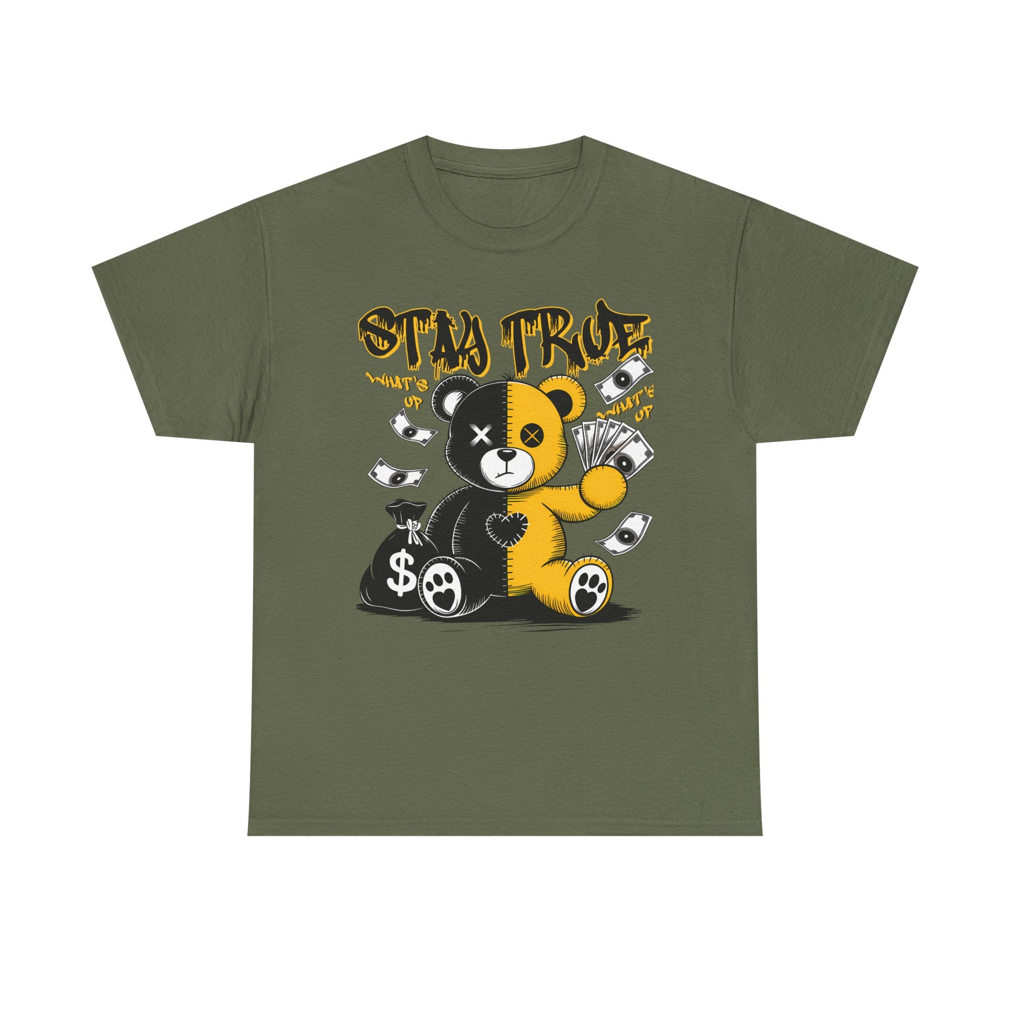 Stay True Bear Graphic Tee — Cute Black & Yellow Money Bear Shirt