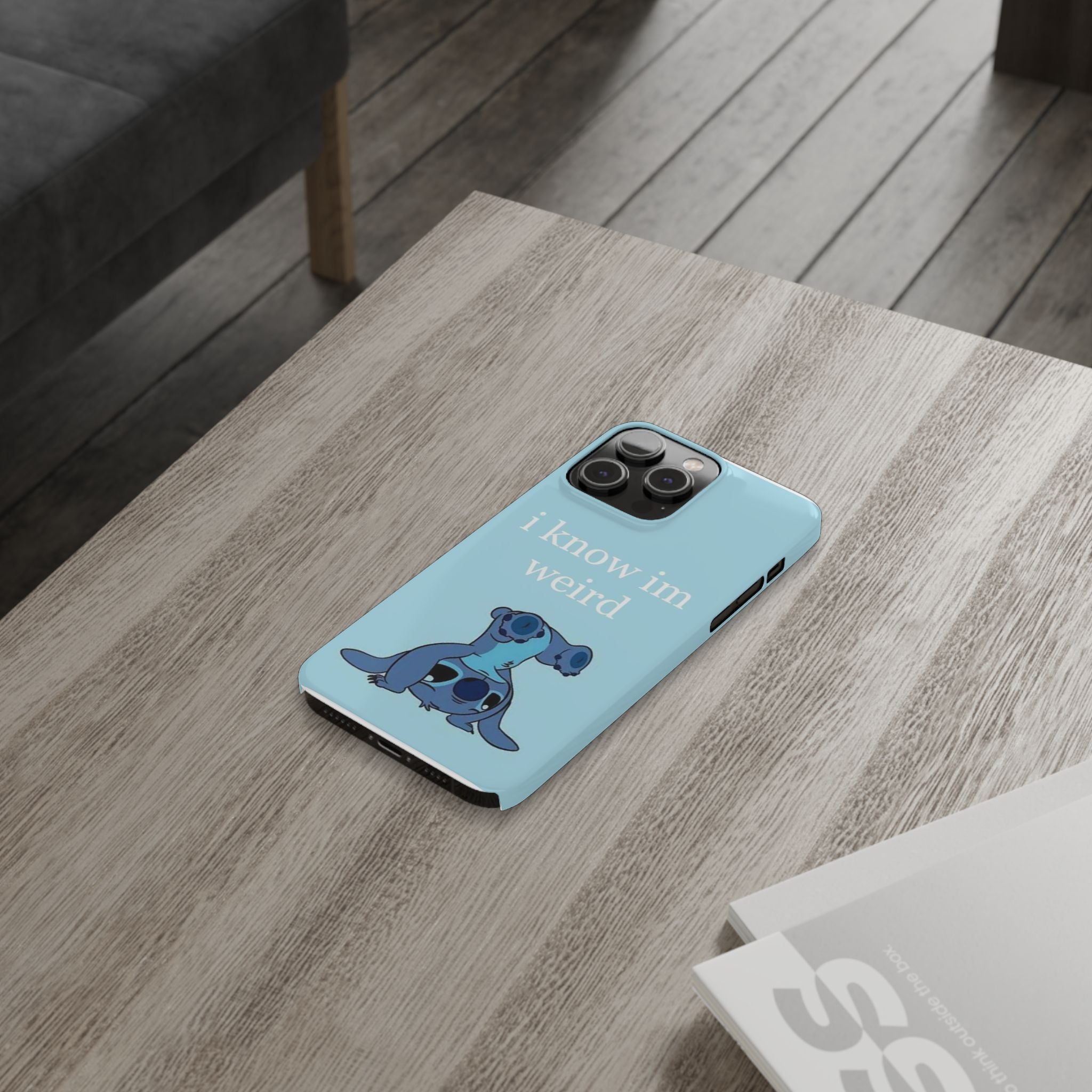 Slim Phone Case — Cute Blue Stitch Illustration with “i know im weird” Text