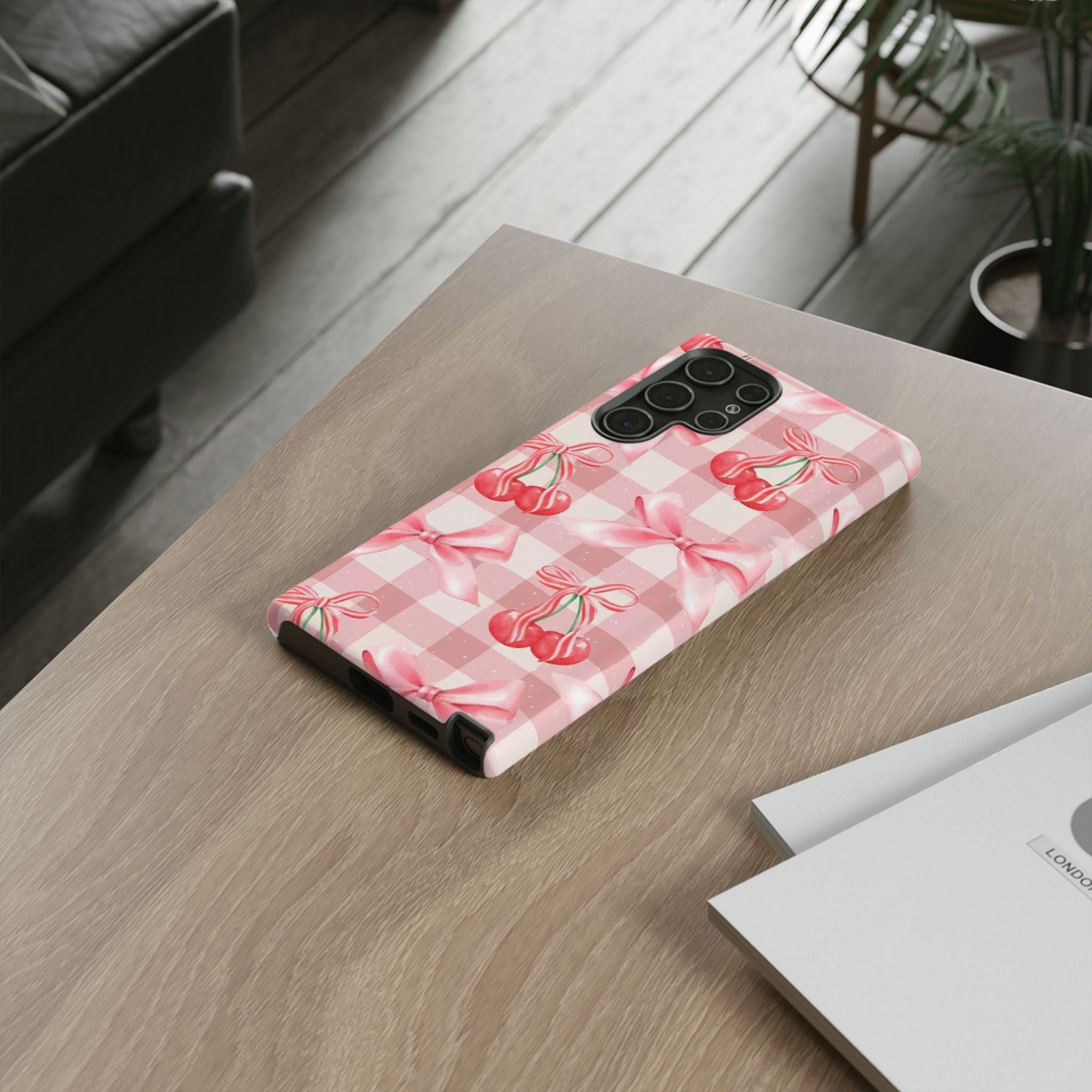 Pink Cherry Bow Phone Case — Cute Gingham Cherry Pattern