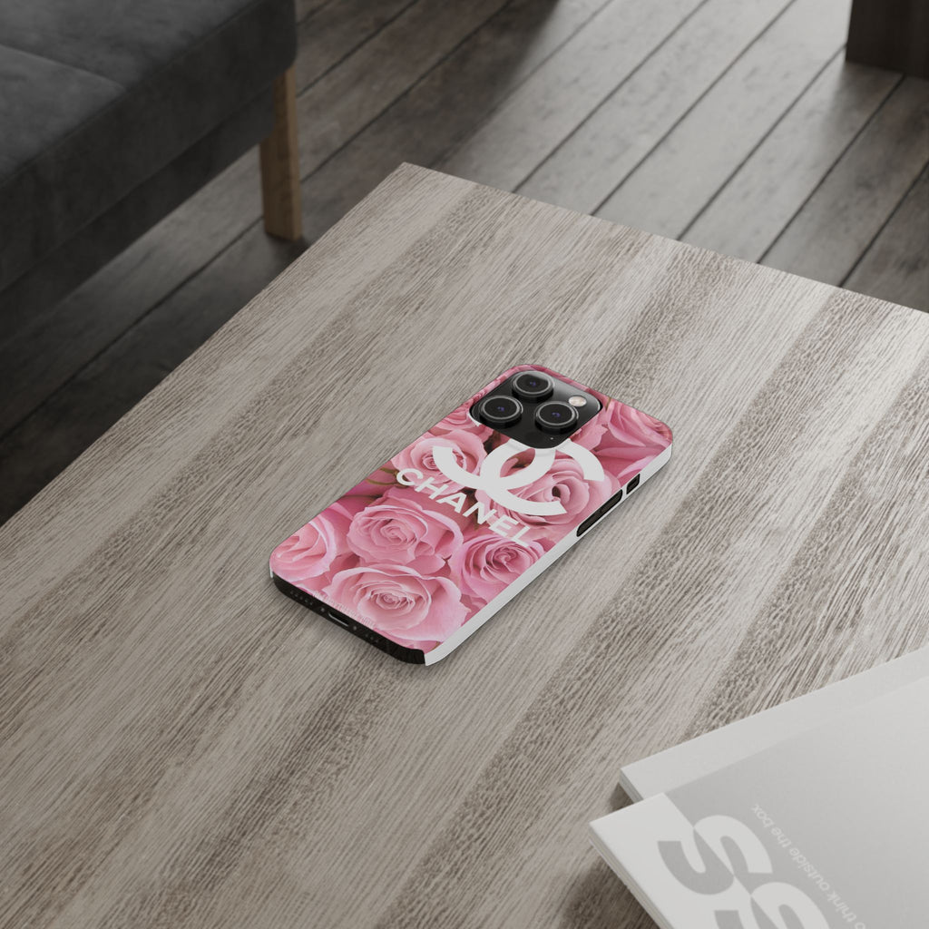 Slim Phone Case — Pink Rose Floral Design with Luxury Logo