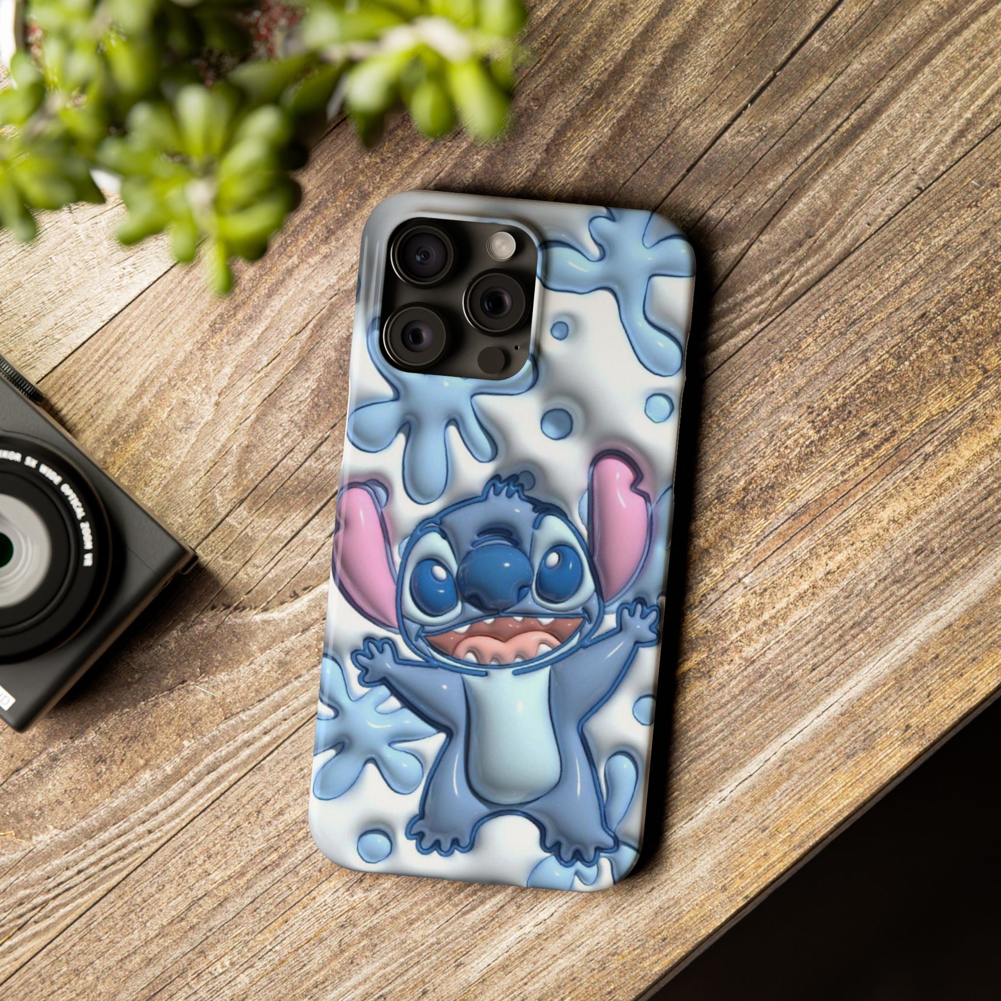 Cute Stitch Slim Phone Case – Blue Splash Cartoon Phone Cover