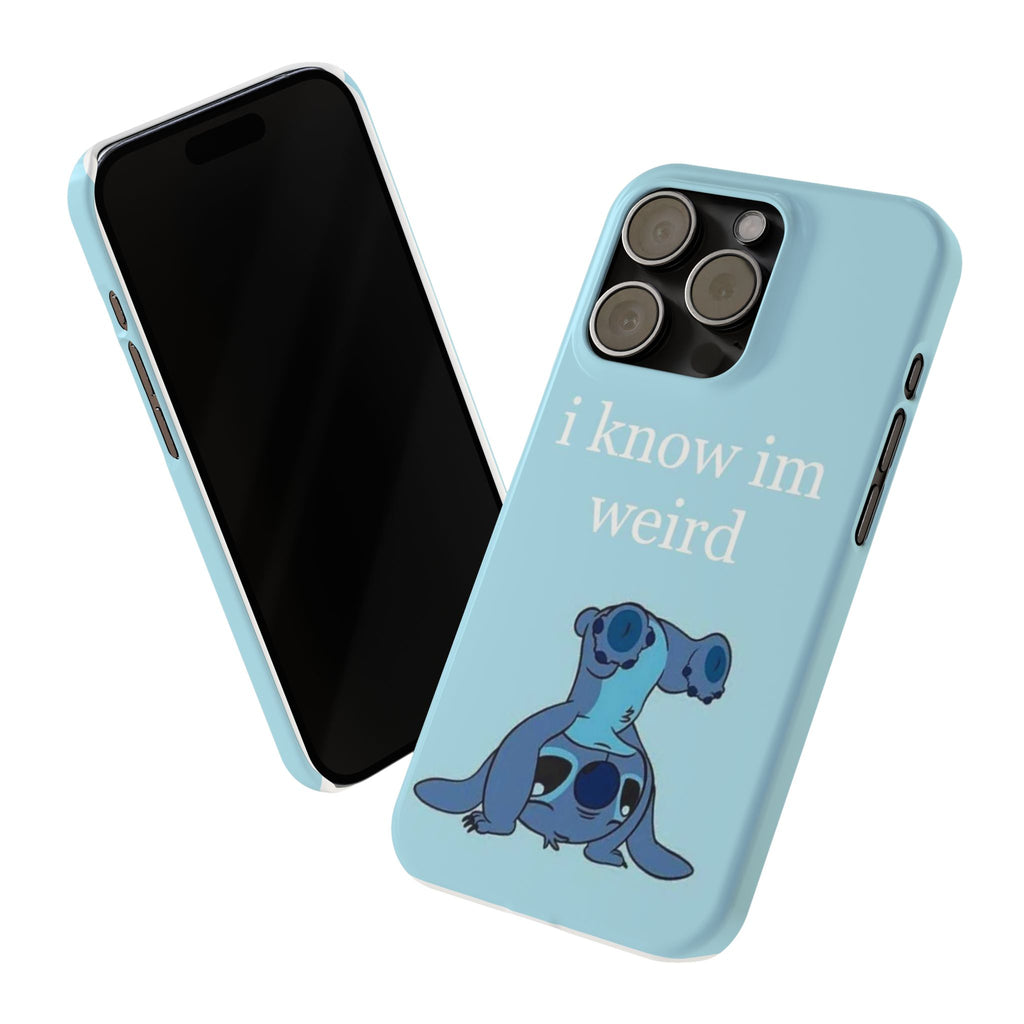 Slim Phone Case — Cute Blue Stitch Illustration with “i know im weird” Text