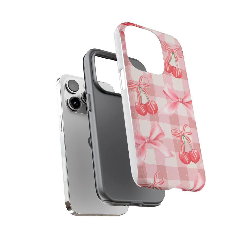 Pink Cherry Bow Phone Case — Cute Gingham Cherry Pattern