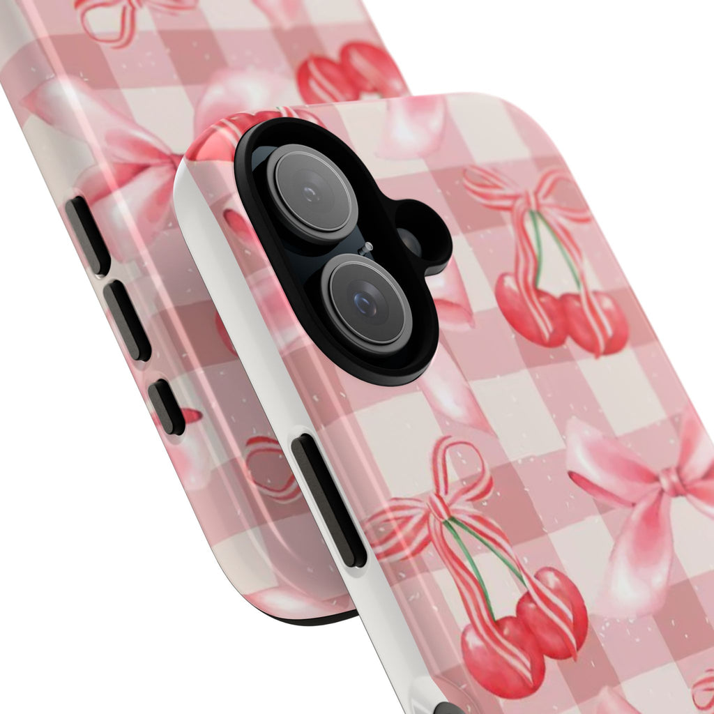 Pink Cherry Bow Phone Case — Cute Gingham Cherry Pattern