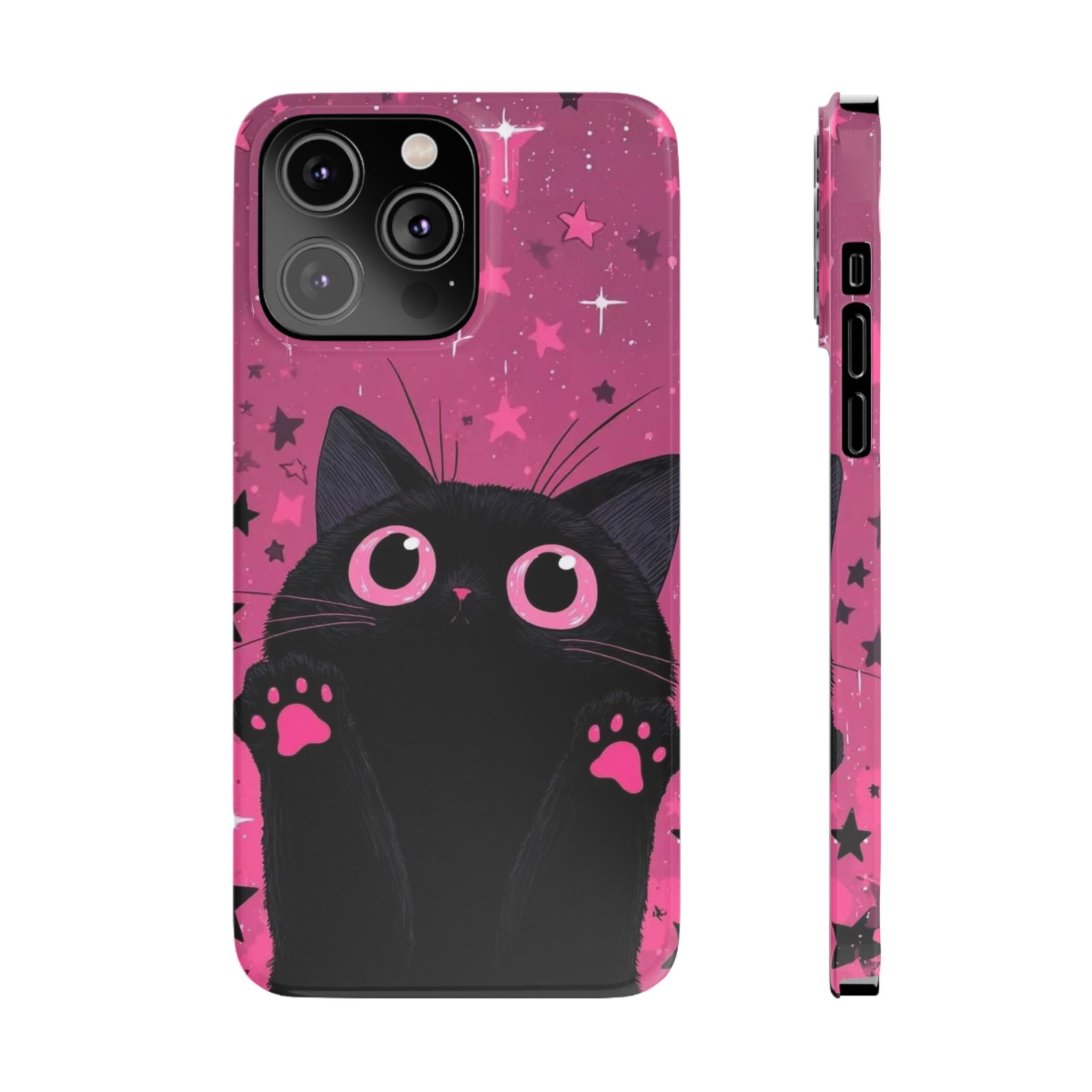 Cute Black Cat with Pink Paws Slim Phone Case | Starry Background