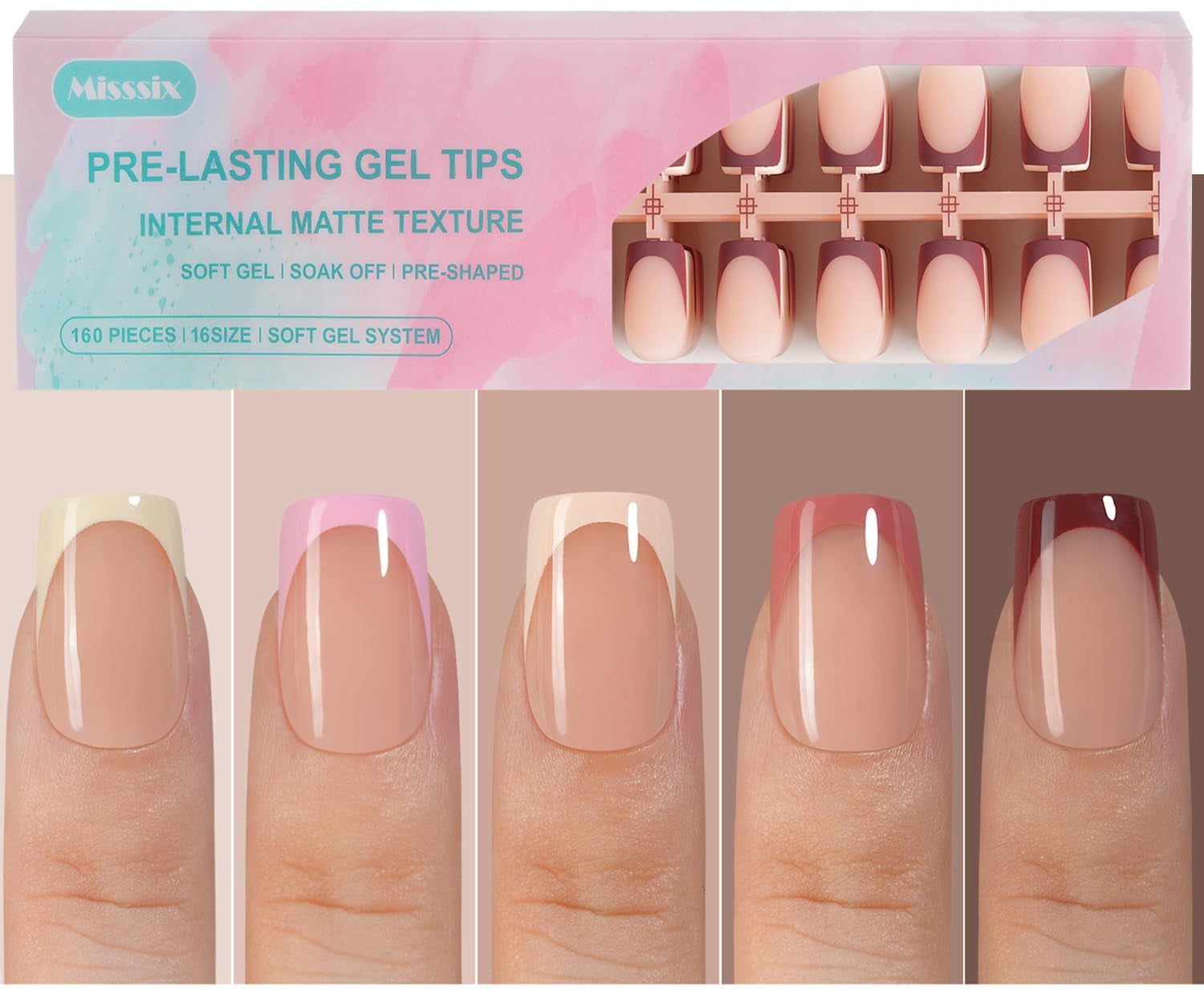 French Gel Press on Fake Nail Tips, Short Square, No Need to File, Pre-Lasting for Nail Art DIY 16 Sizes Multicolor 160Pcs