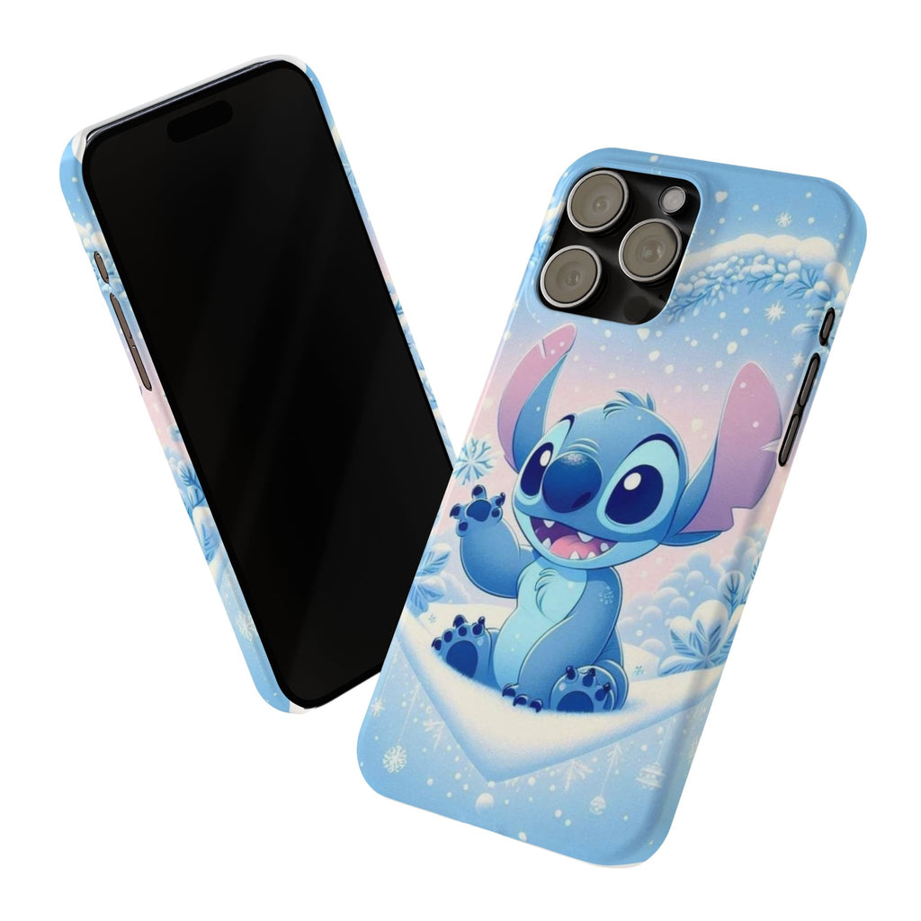Cute Blue Alien Character Slim Phone Case | Snow Heart Pattern