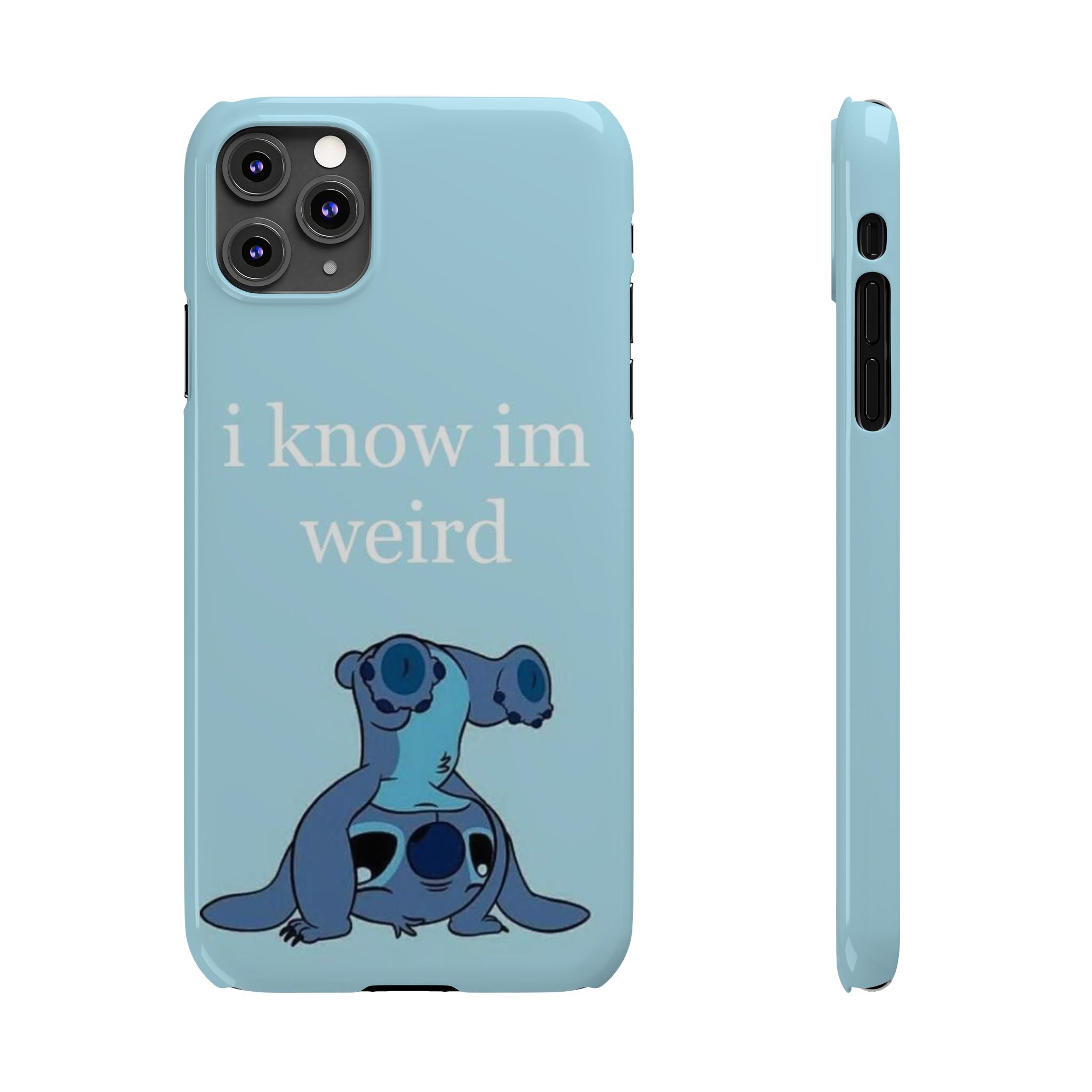 Slim Phone Case — Cute Blue Stitch Illustration with “i know im weird” Text