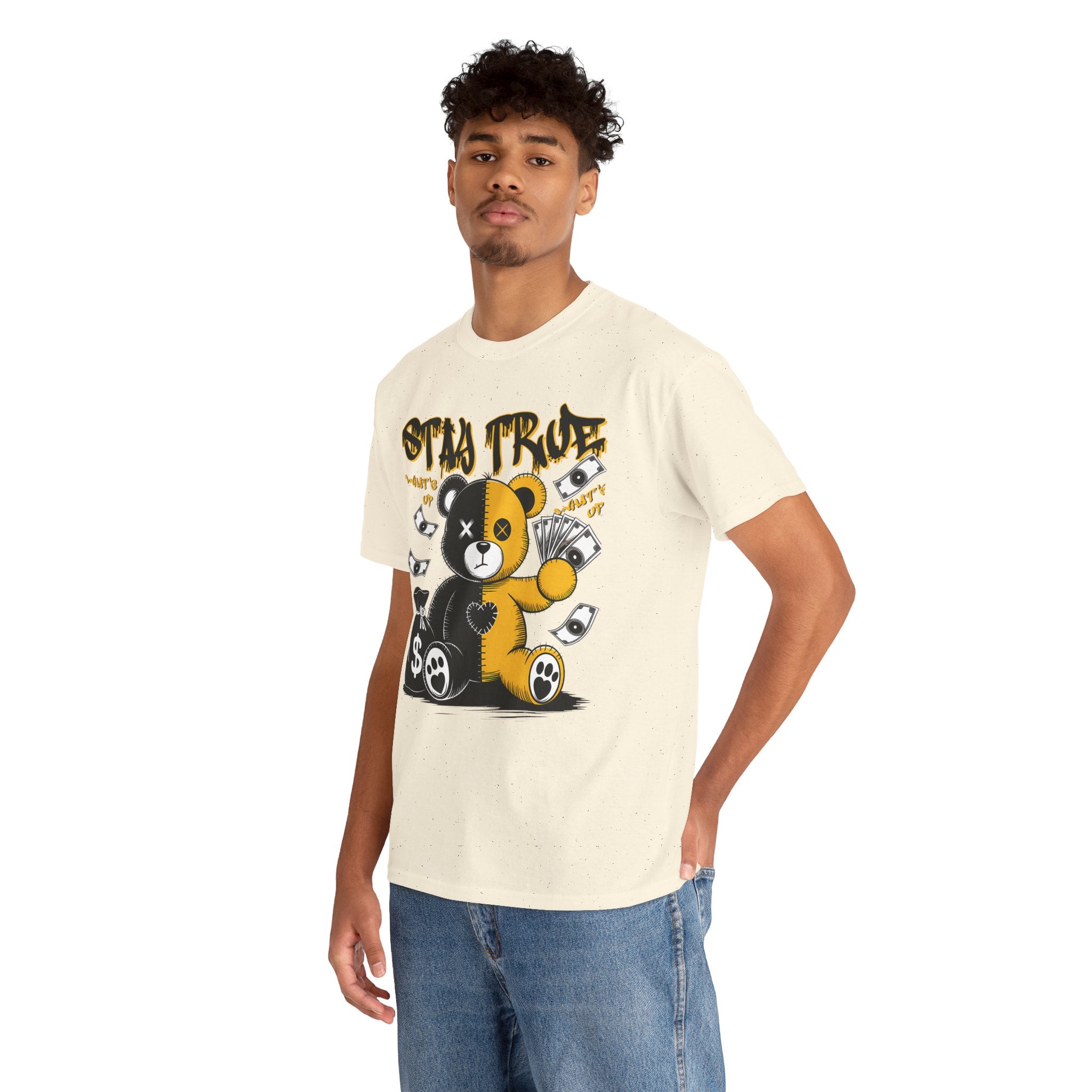 Stay True Bear Graphic Tee — Cute Black & Yellow Money Bear Shirt