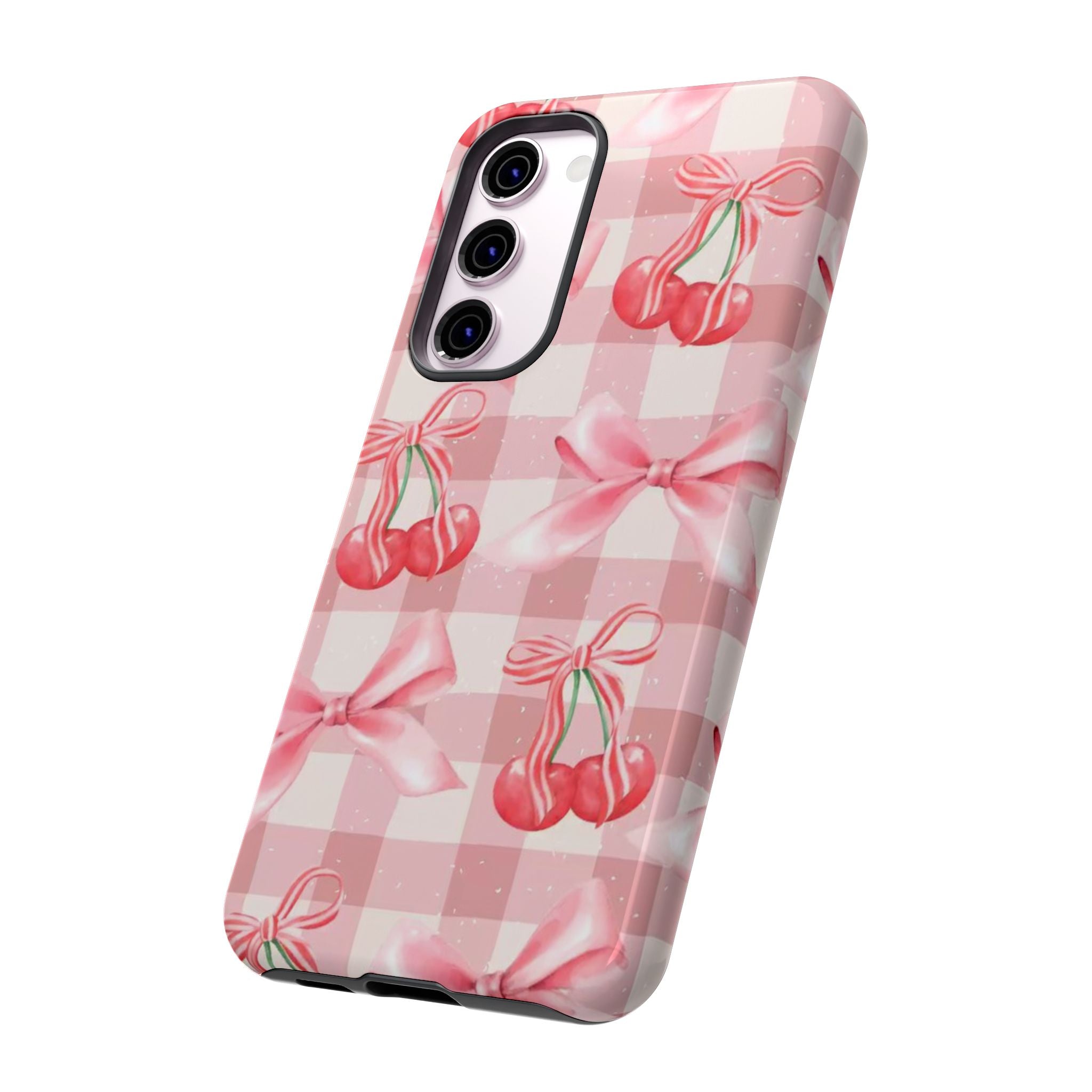 Pink Cherry Bow Phone Case — Cute Gingham Cherry Pattern