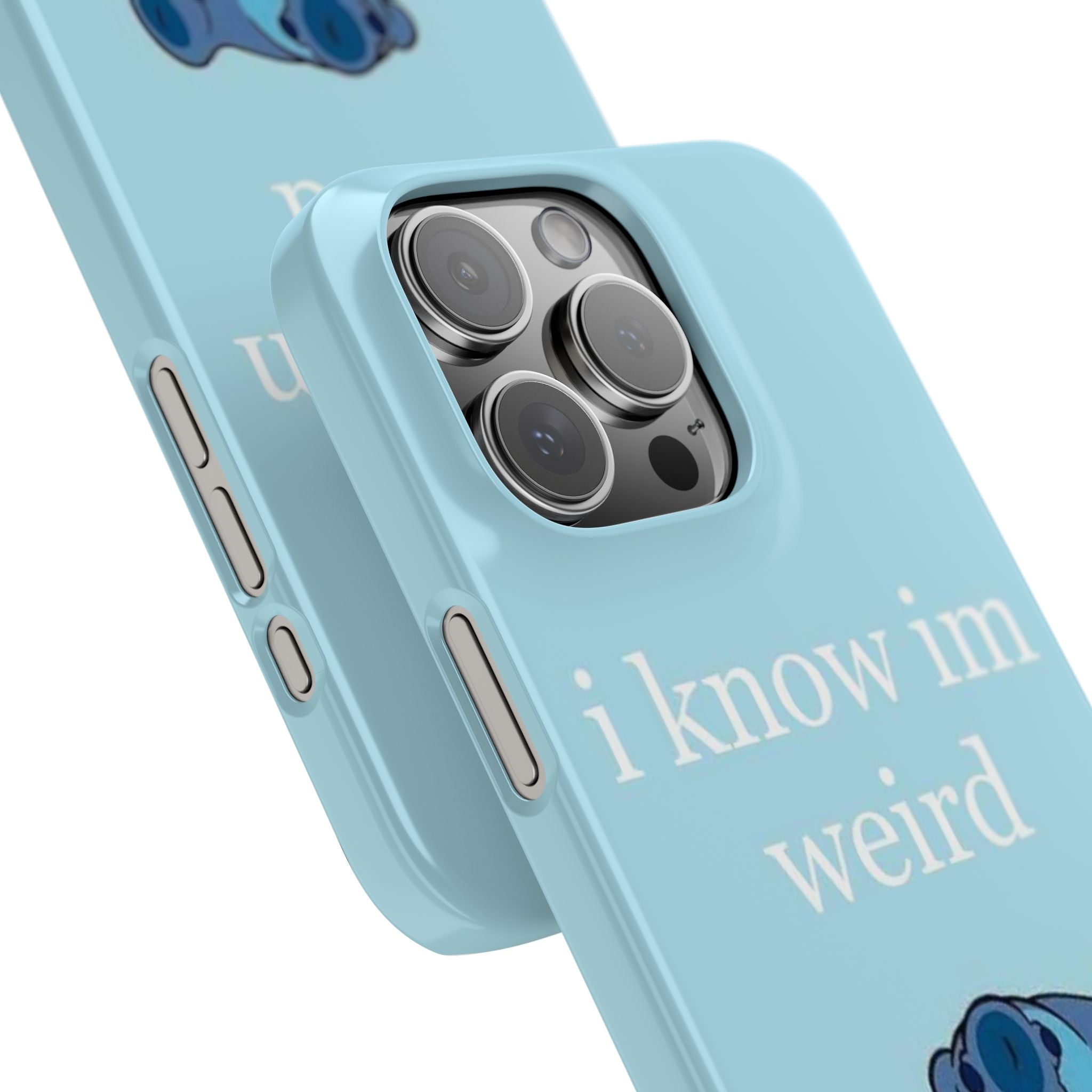Slim Phone Case — Cute Blue Stitch Illustration with “i know im weird” Text