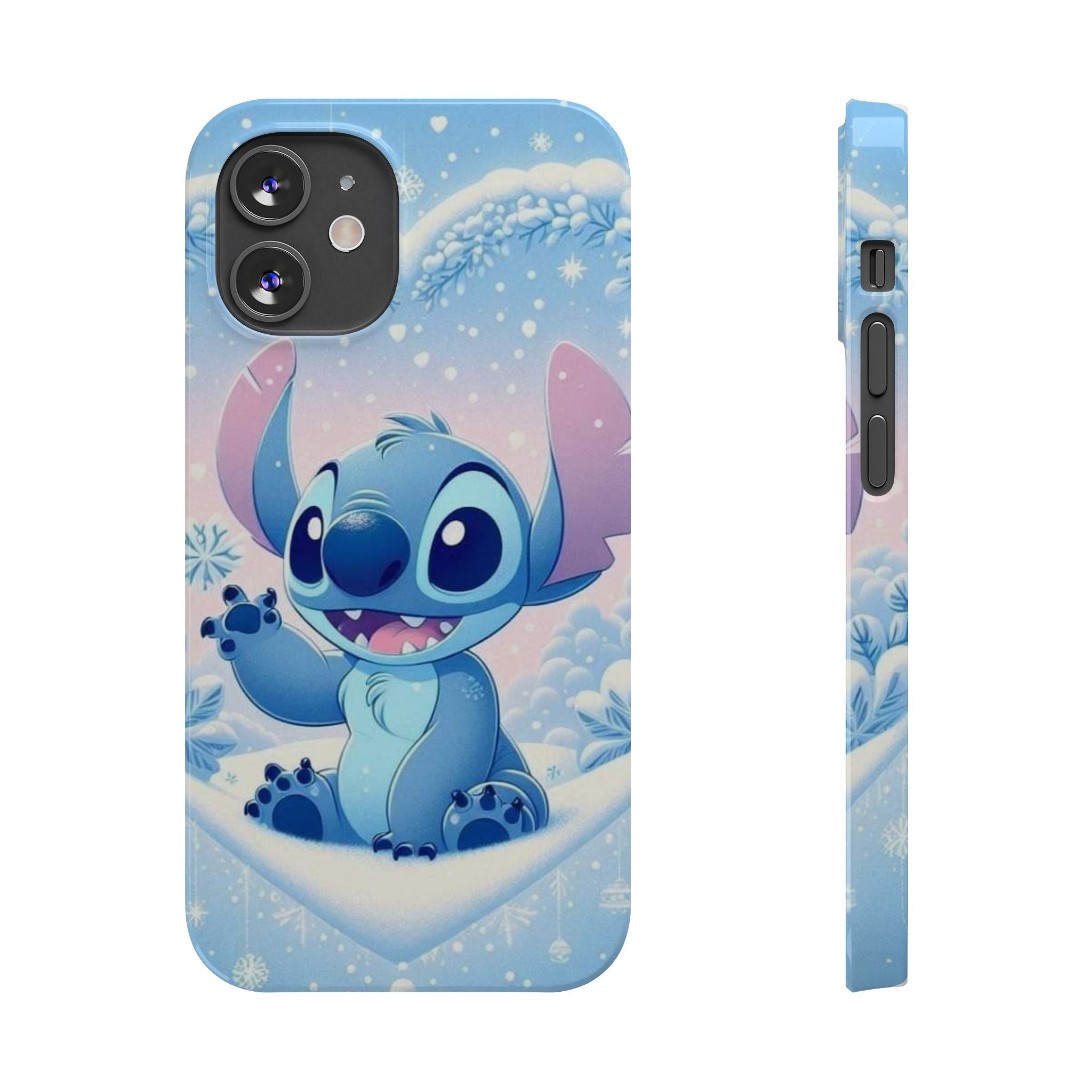 Cute Blue Alien Character Slim Phone Case | Snow Heart Pattern