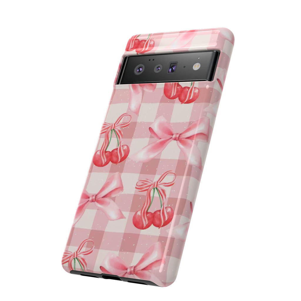 Pink Cherry Bow Phone Case — Cute Gingham Cherry Pattern