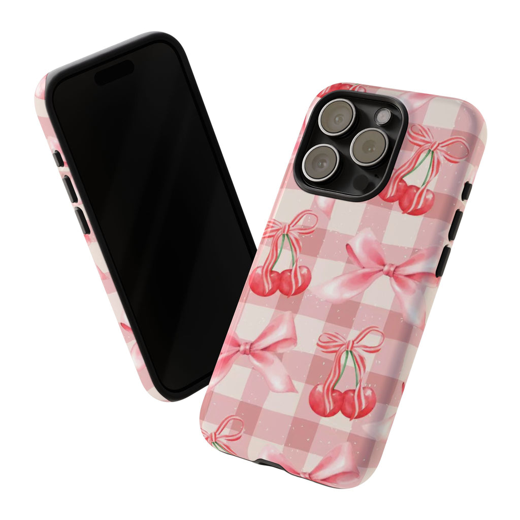 Pink Cherry Bow Phone Case — Cute Gingham Cherry Pattern