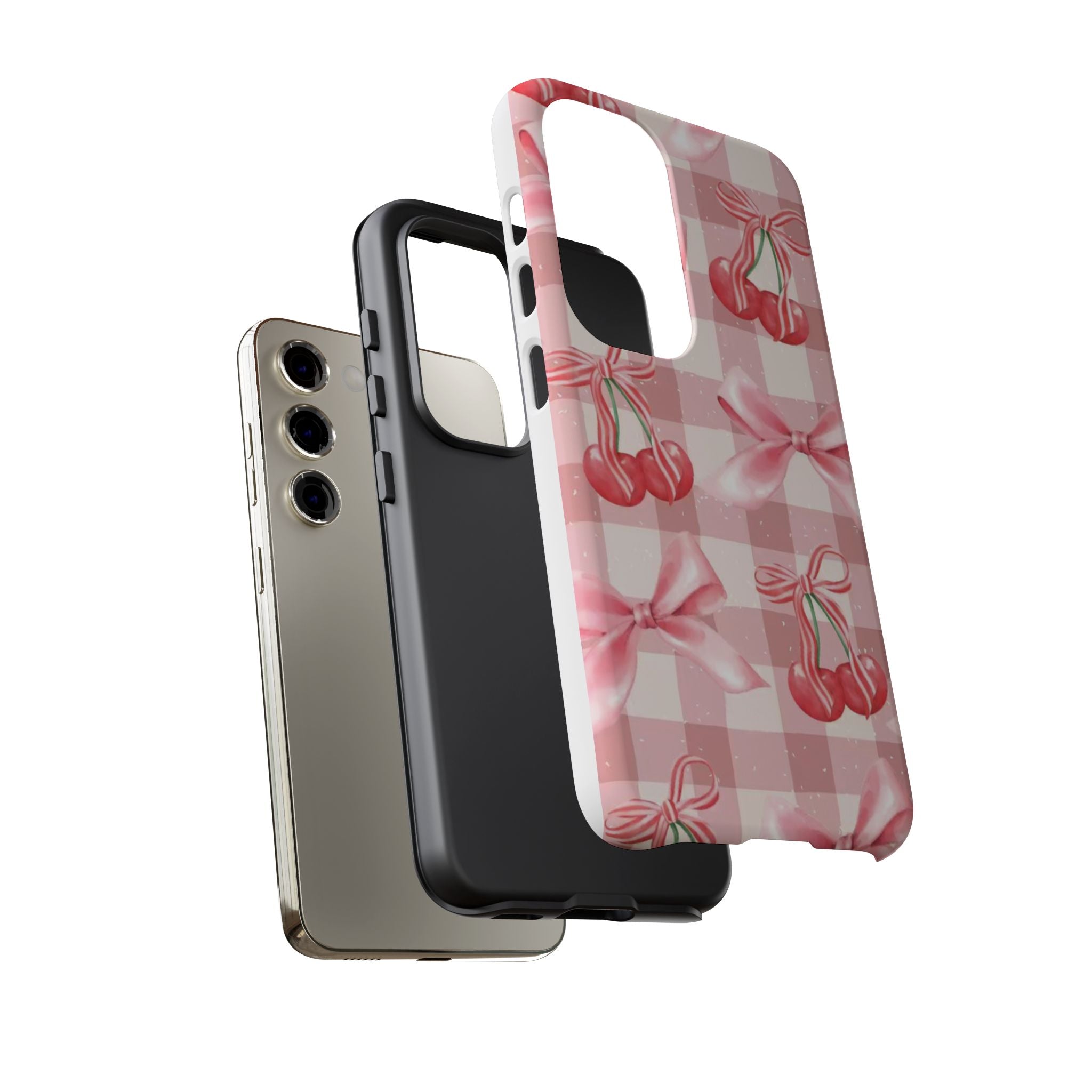 Pink Cherry Bow Phone Case — Cute Gingham Cherry Pattern