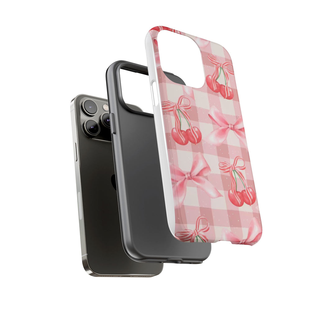 Pink Cherry Bow Phone Case — Cute Gingham Cherry Pattern