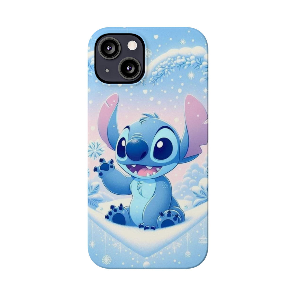 Cute Blue Alien Character Slim Phone Case | Snow Heart Pattern