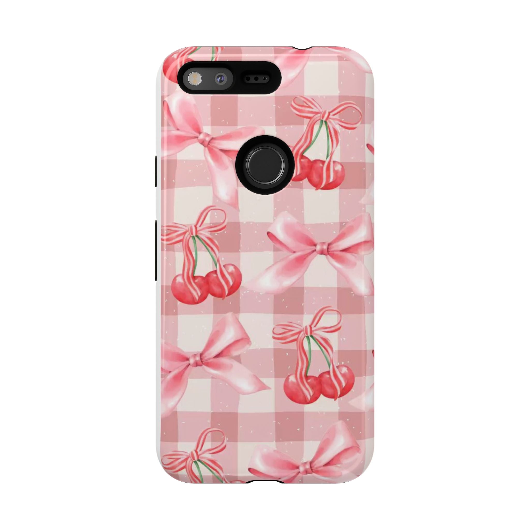 Pink Cherry Bow Phone Case — Cute Gingham Cherry Pattern