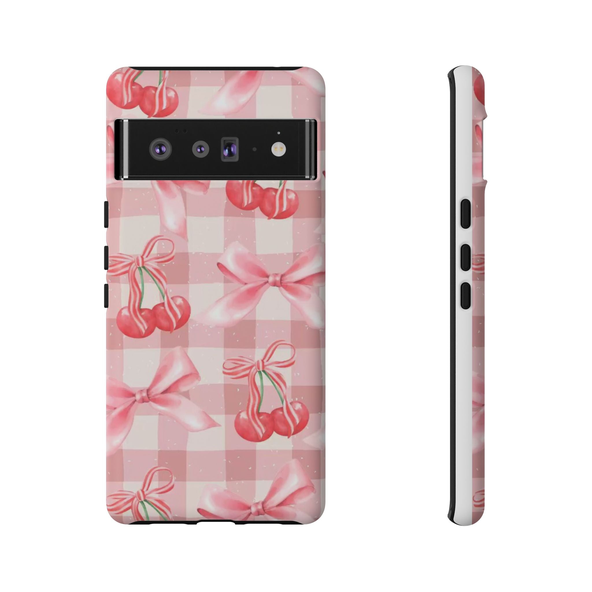 Pink Cherry Bow Phone Case — Cute Gingham Cherry Pattern