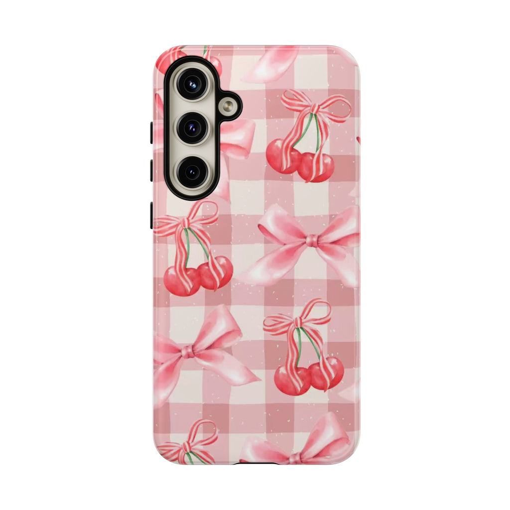 Pink Cherry Bow Phone Case — Cute Gingham Cherry Pattern