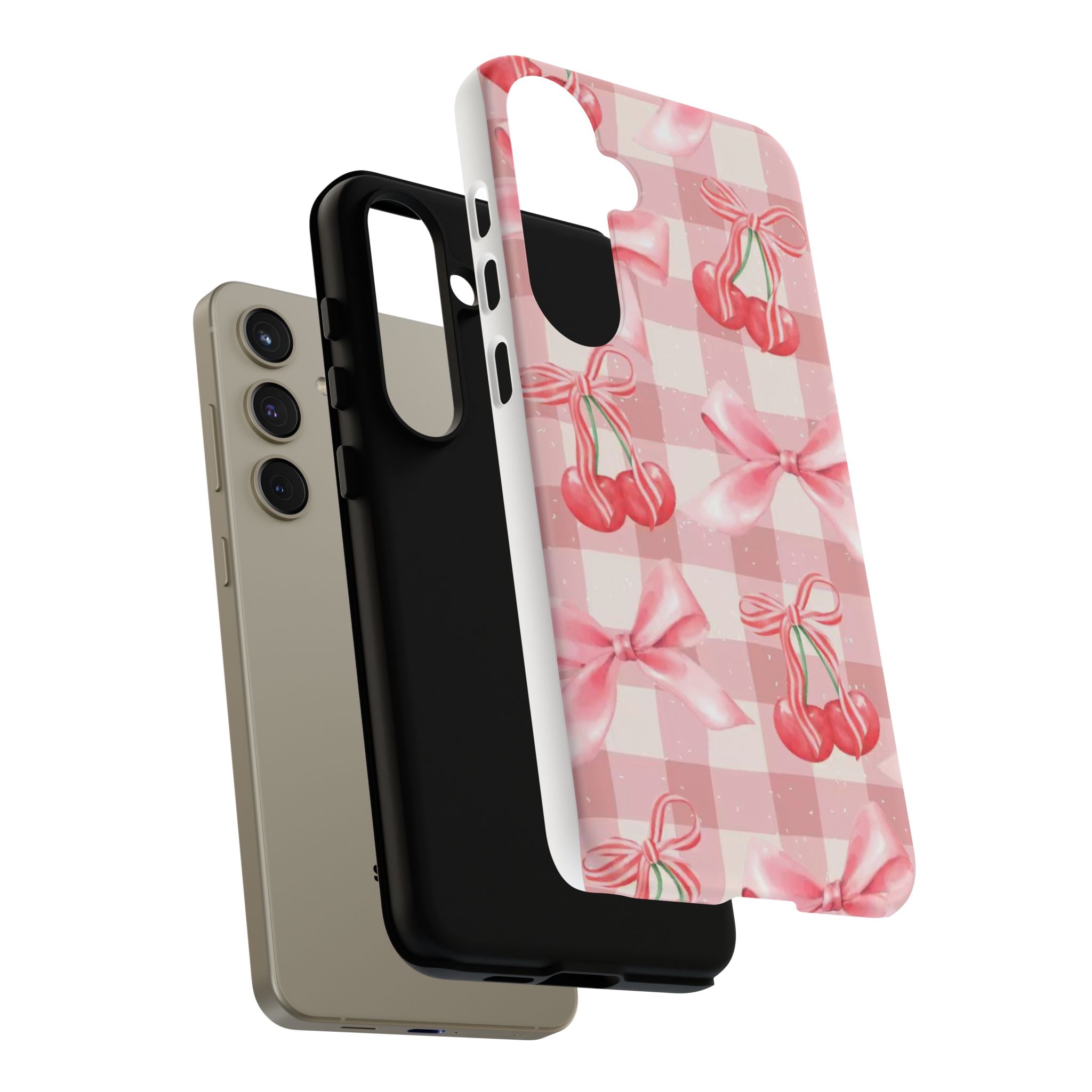 Pink Cherry Bow Phone Case — Cute Gingham Cherry Pattern