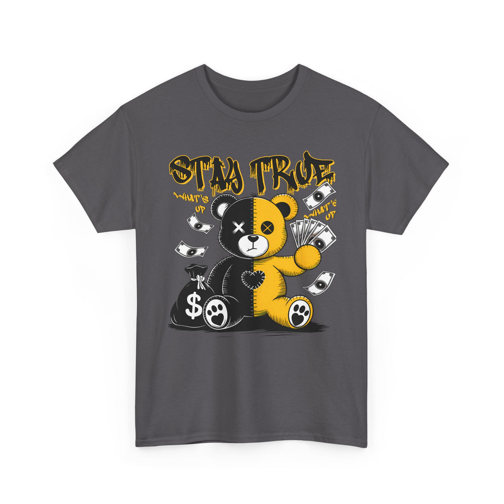 Stay True Bear Graphic Tee — Cute Black & Yellow Money Bear Shirt