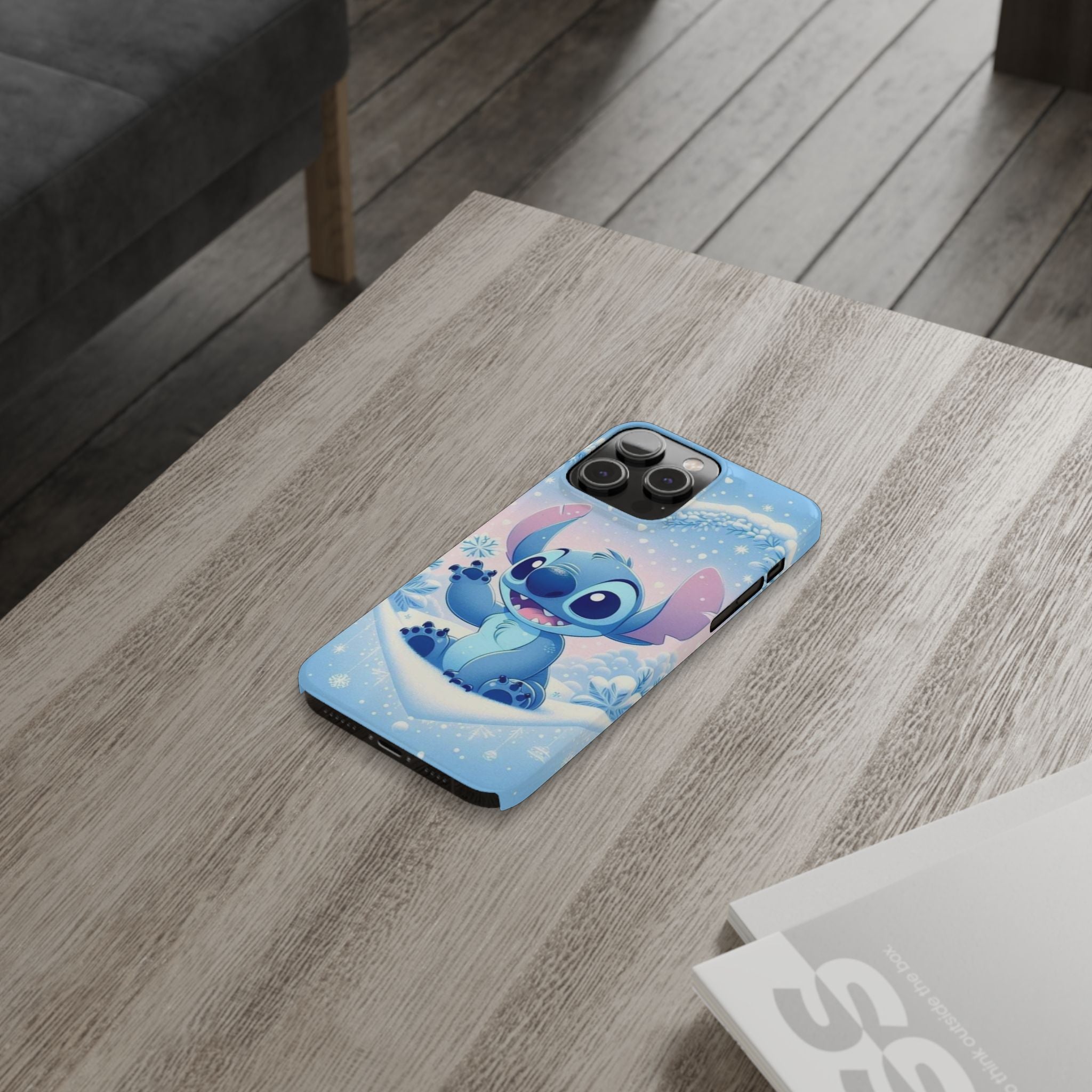 Cute Blue Alien Character Slim Phone Case | Snow Heart Pattern