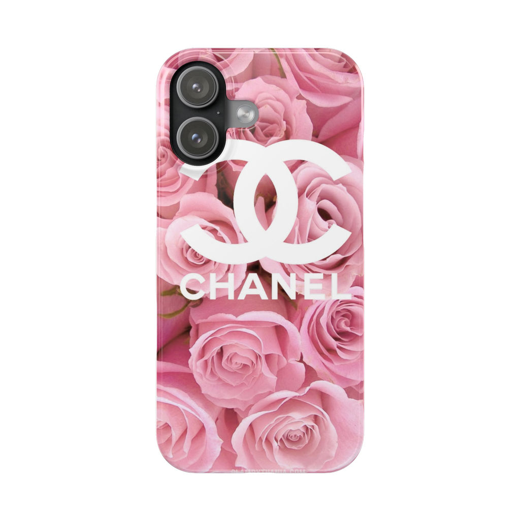 Slim Phone Case — Pink Rose Floral Design with Luxury Logo