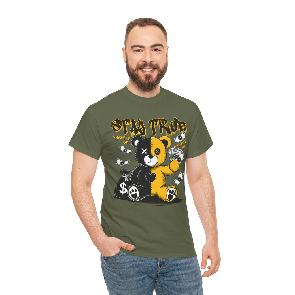 Stay True Bear Graphic Tee — Cute Black & Yellow Money Bear Shirt