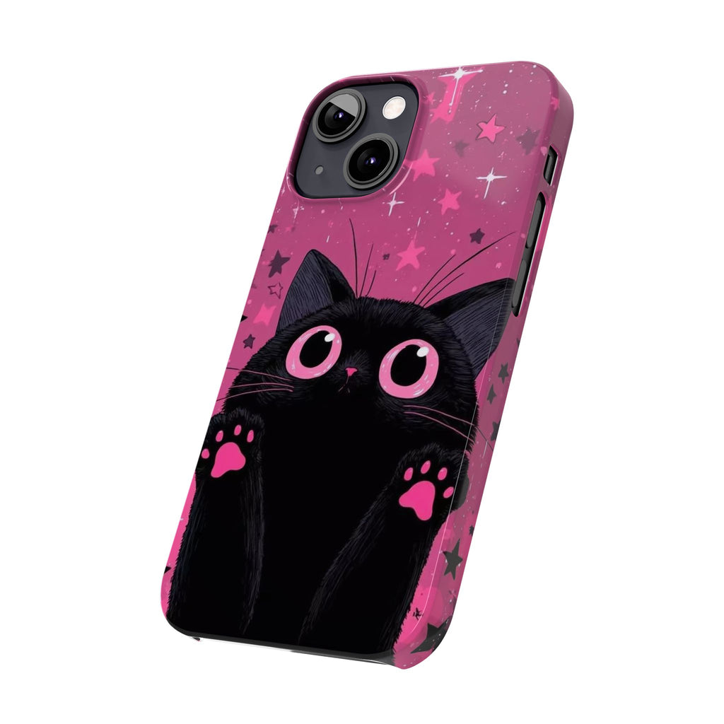 Cute Black Cat with Pink Paws Slim Phone Case | Starry Background