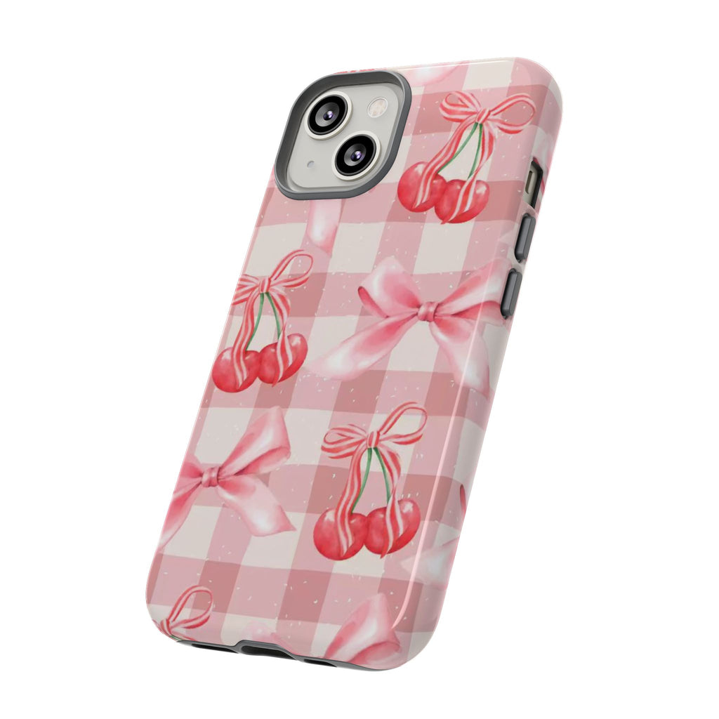 Pink Cherry Bow Phone Case — Cute Gingham Cherry Pattern