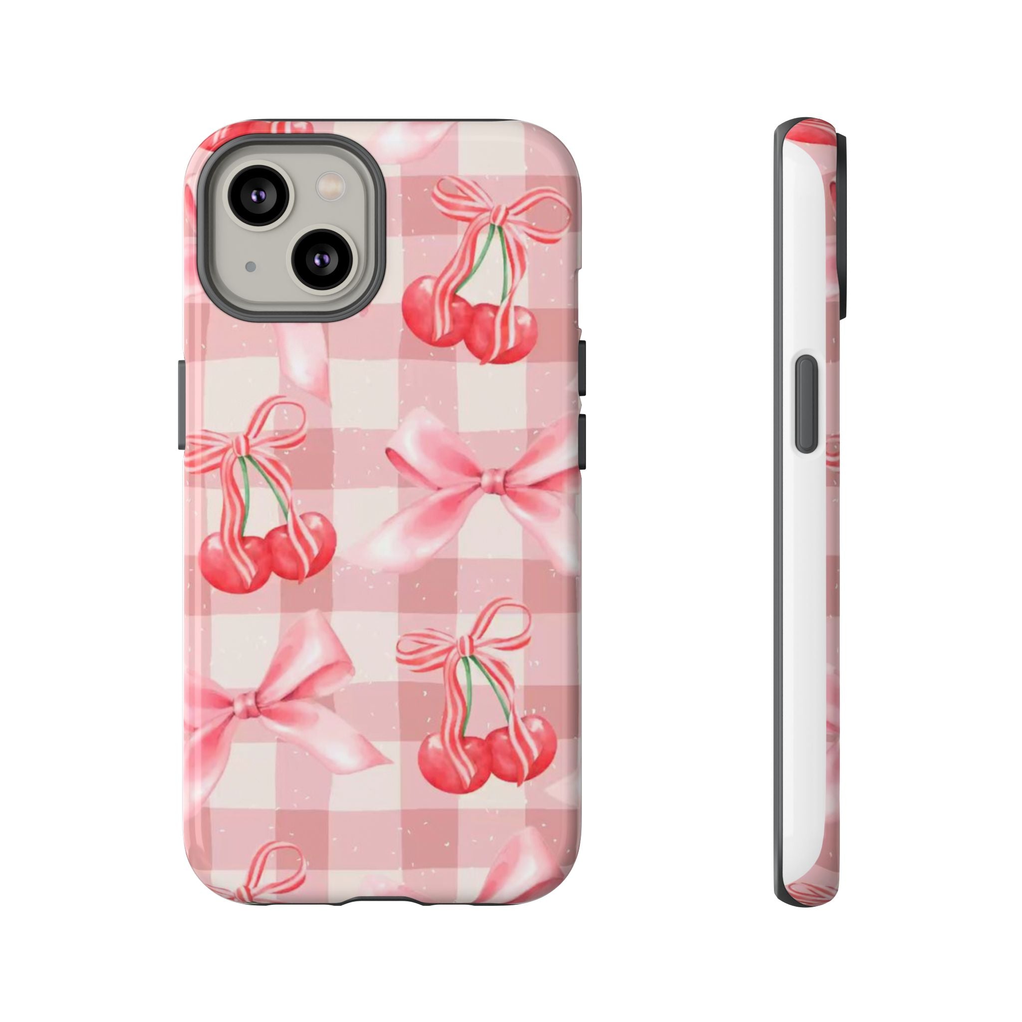 Pink Cherry Bow Phone Case — Cute Gingham Cherry Pattern