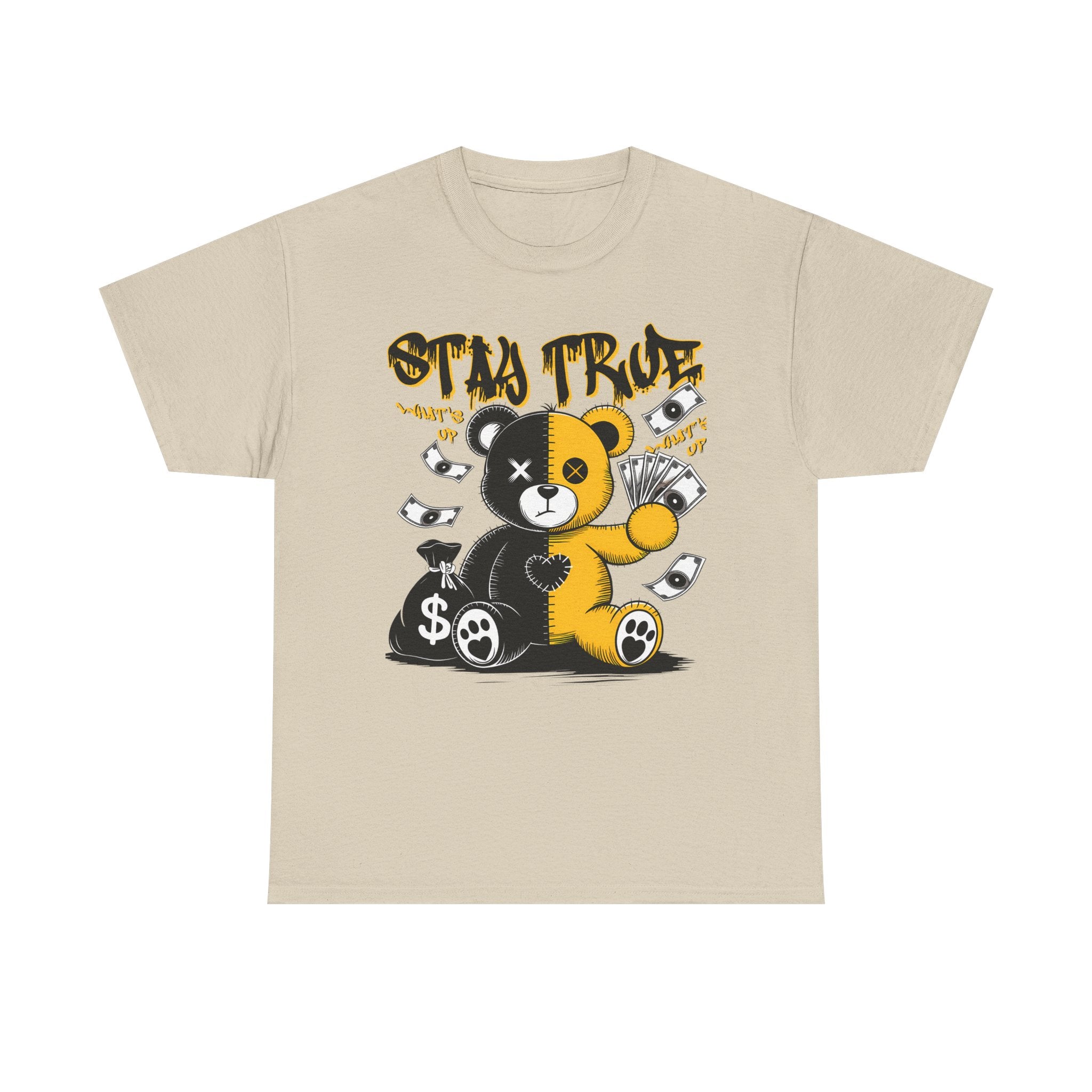 Stay True Bear Graphic Tee — Cute Black & Yellow Money Bear Shirt