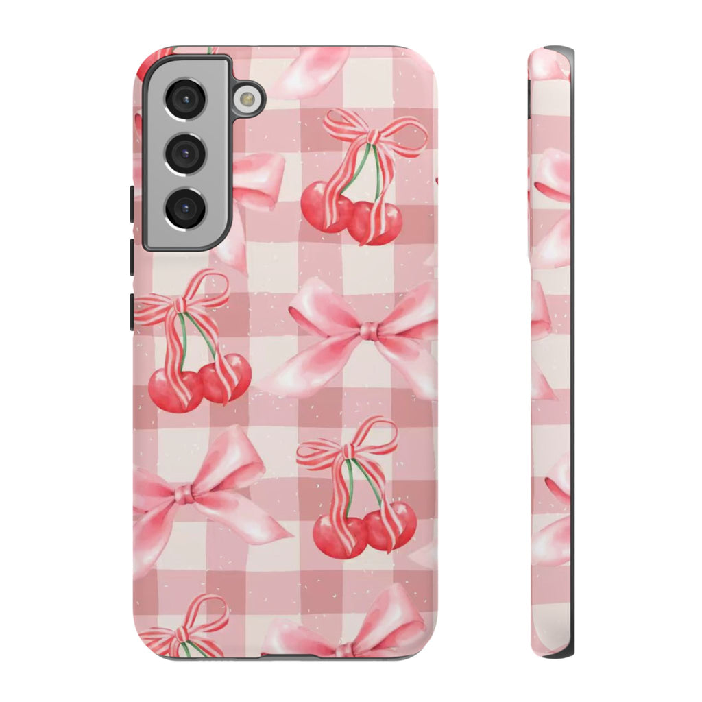 Pink Cherry Bow Phone Case — Cute Gingham Cherry Pattern