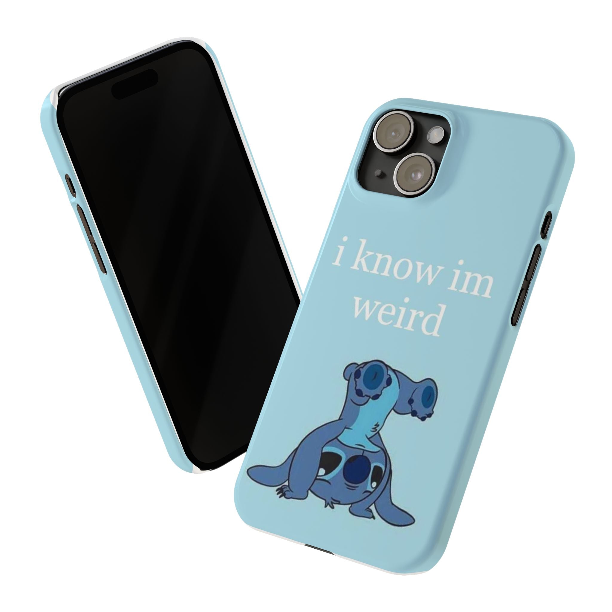 Slim Phone Case — Cute Blue Stitch Illustration with “i know im weird” Text